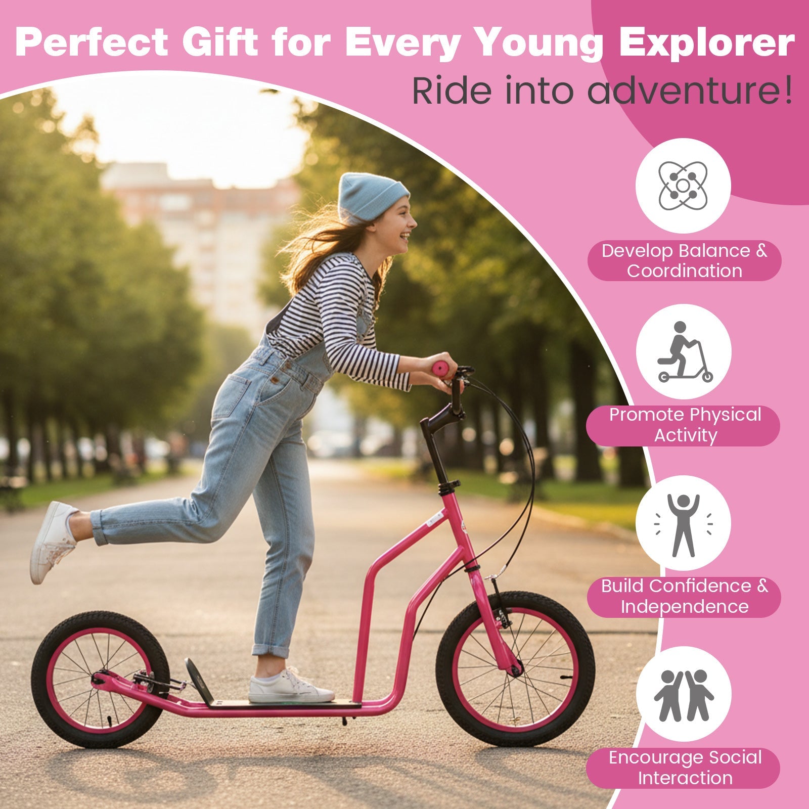 Youth Scooter with Adjustable Handlebar and 16/14-Inch Inflatable Wheels for Age 8+ Years Old