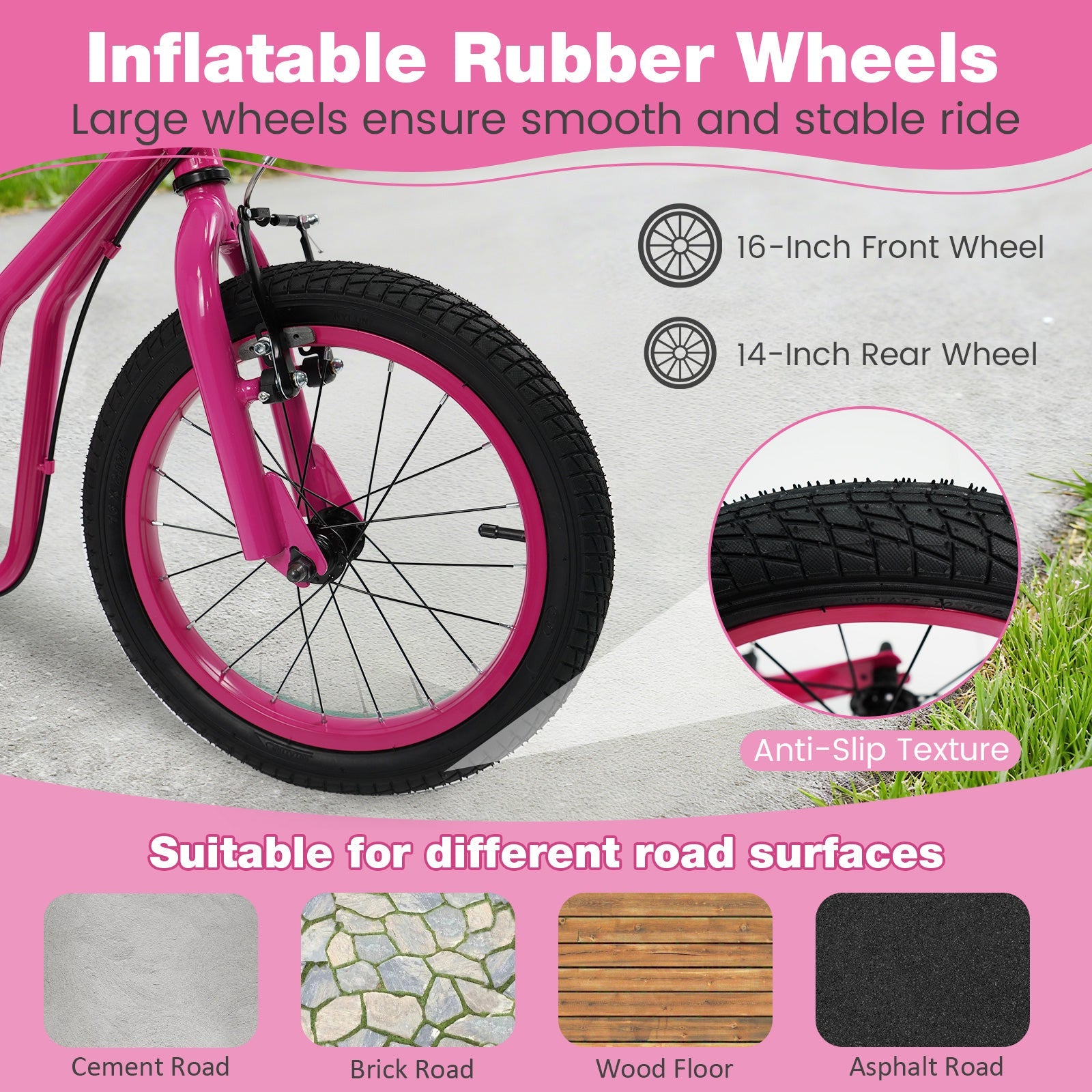 Youth Scooter with Adjustable Handlebar and 16/14-Inch Inflatable Wheels for Age 8+ Years Old