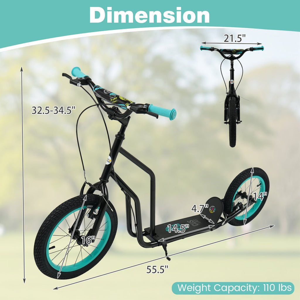 Youth Scooter with Adjustable Handlebar and 16/14-Inch Inflatable Wheels for Age 8+ Years Old