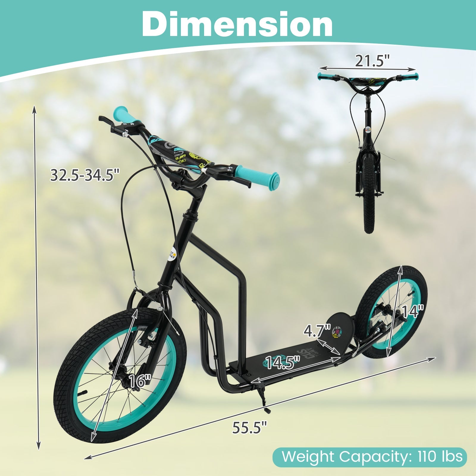 Youth Scooter with Adjustable Handlebar and 16/14-Inch Inflatable Wheels for Age 8+ Years Old
