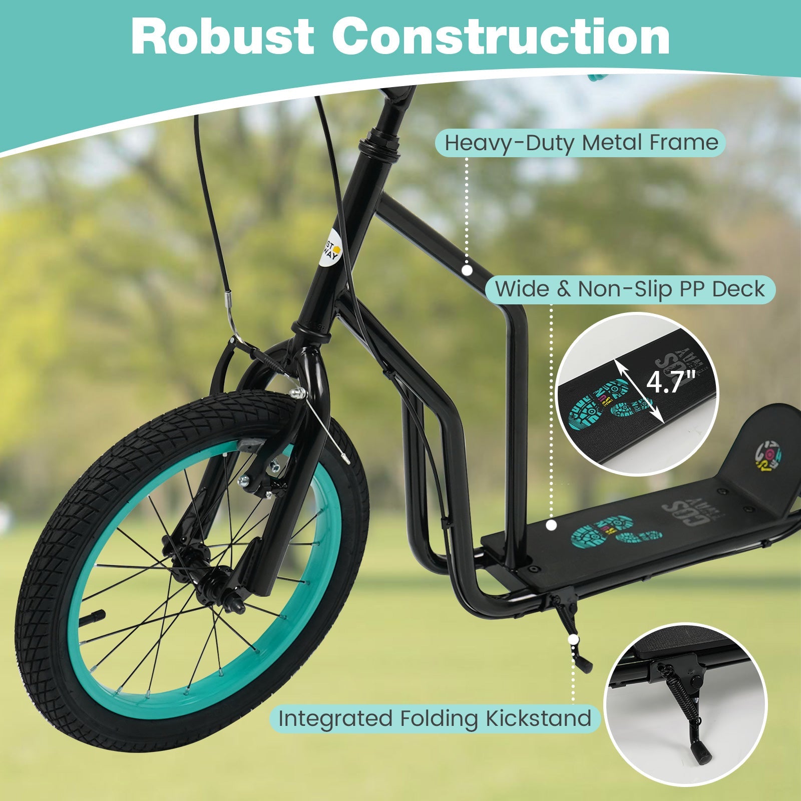 Youth Scooter with Adjustable Handlebar and 16/14-Inch Inflatable Wheels for Age 8+ Years Old