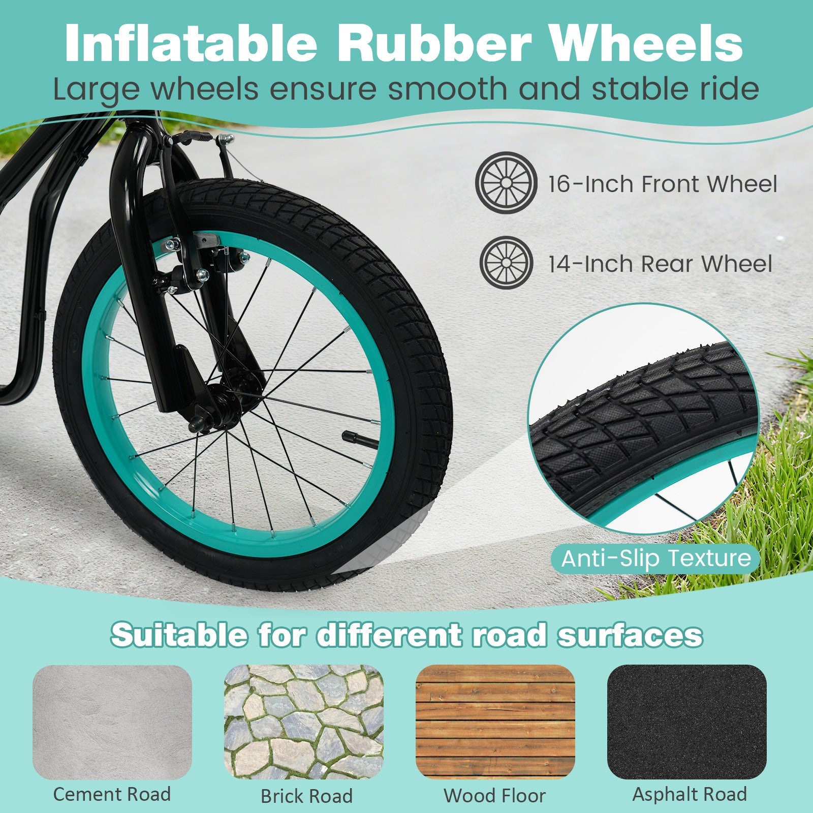 Youth Scooter with Adjustable Handlebar and 16/14-Inch Inflatable Wheels for Age 8+ Years Old