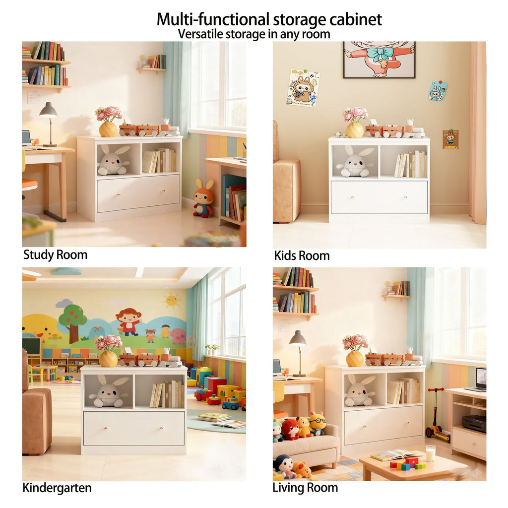 Toy Storage Organizer With Large Drawer And Low Bookshelf For Nursery & Playroom - White