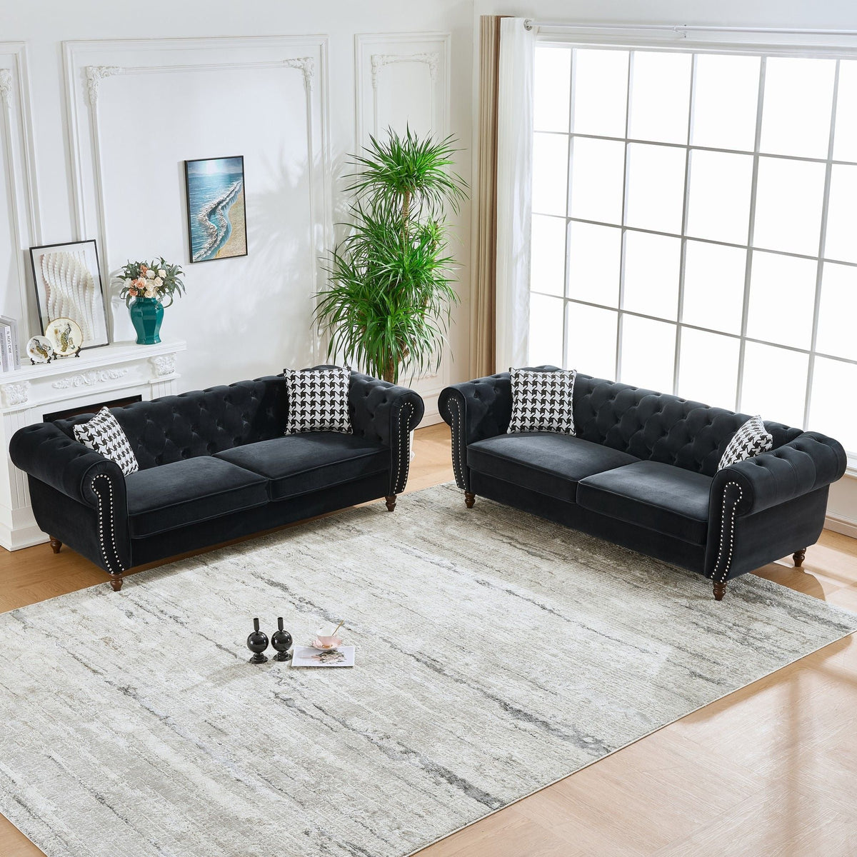 Chesterfield Upholstery Fabric Sofa With Roll Armrest & Nailhead, Mid Century Modern 3 And 3 Seater Couch