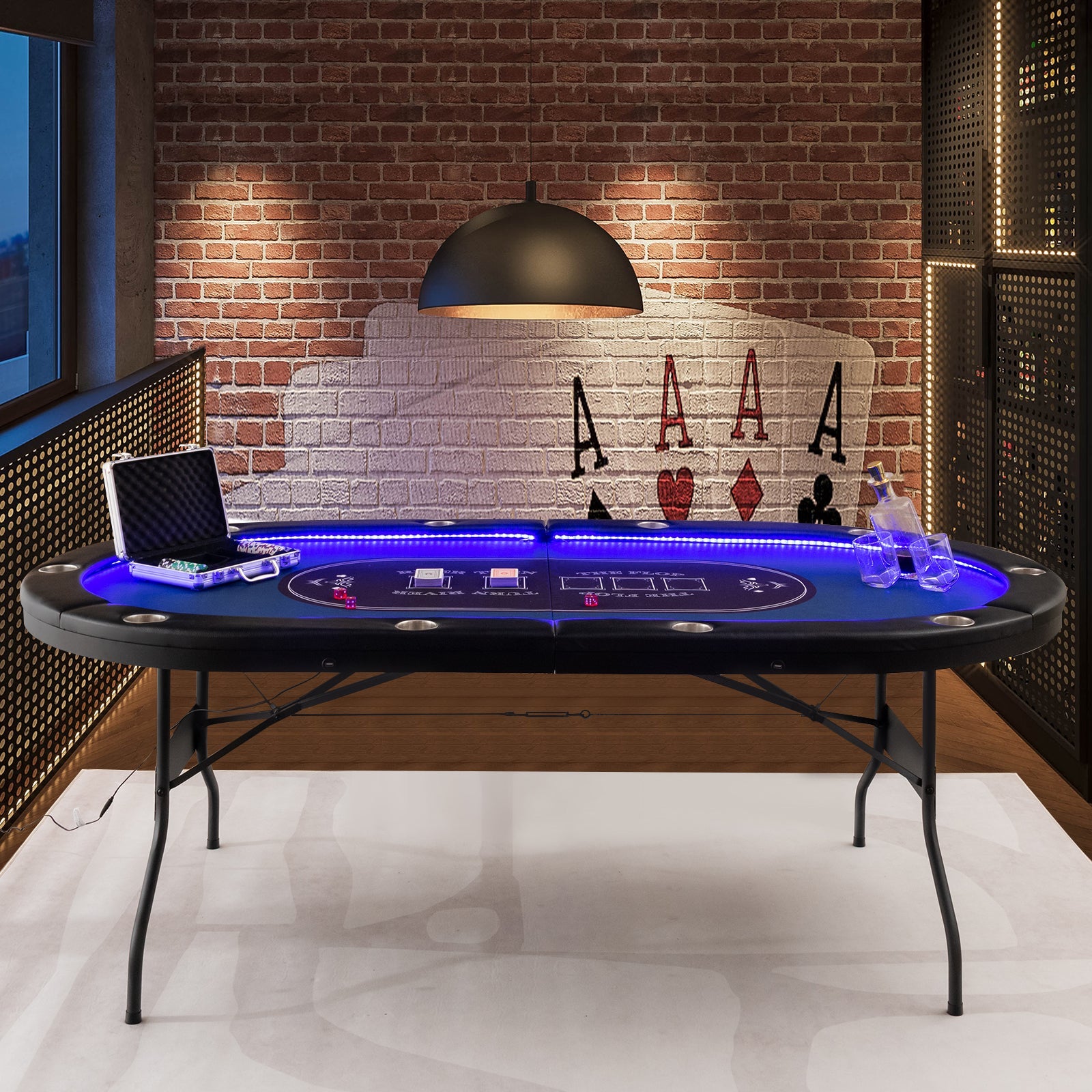 Foldable 10-Player Poker Table with LED Lights and USB Ports Ideal for Texas Casino